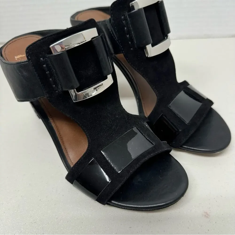Donald J Pliner Black Leather Slip On Mule Heels Womens 7.5 Tesa Buckle Accent
